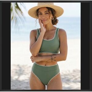Cupshe Olive Green High Waisted Bikini Set Blanket Stitch Padded XS